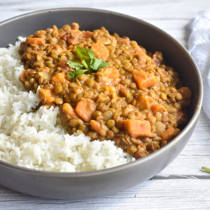 This creamy, rich flavorful curry is made with lentils, sweet potatoes, carrots and coconut milk.