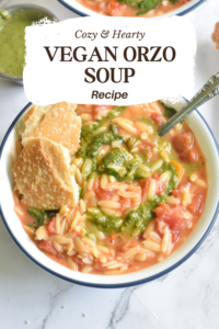 Enjoy a bowl of this cozy, hearty Vegan Orzo Soup this soup season! This creamy, flavorful vegan soup recipe is the perfect recipe to make on a chilly night. The soup is filled vegetables, orzo and is a hearty, cozy meal.